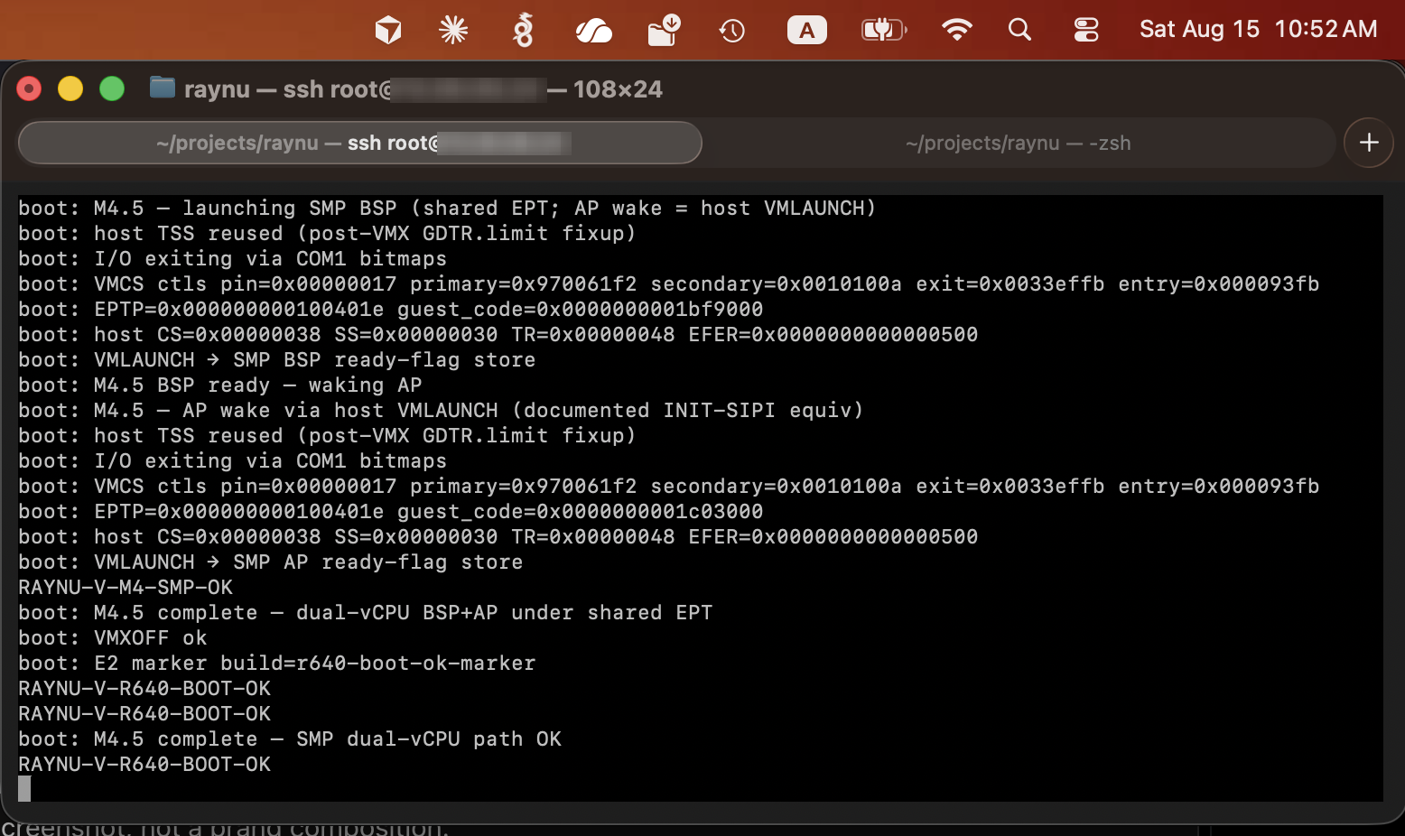 macOS Terminal: iDRAC SOL session ending in RAYNU-V-R640-BOOT-OK