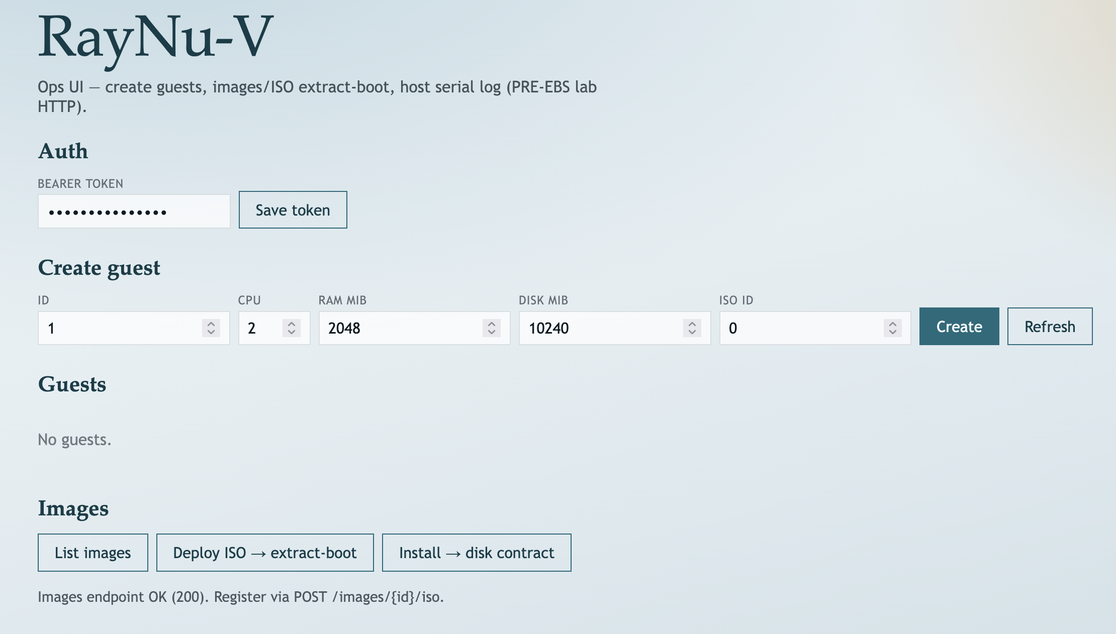 RayNu-V management Web UI: two shell-ready VMs in the list, Create Virtual Machine form, and the audit log tail